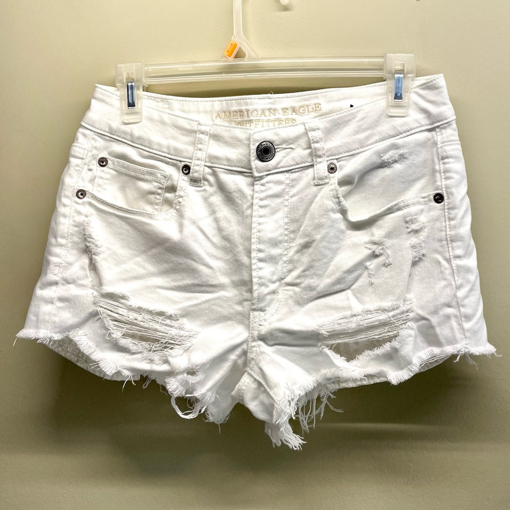 American Eagle White High Waisted Distressed Shorts with Lace Peek-a-boo Design
